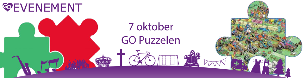 Afbeelding met puzzelstukjes en tekst 7 oktober GO legpuzzelen